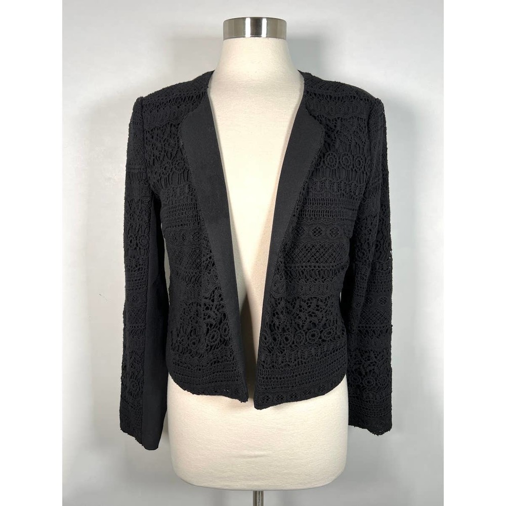 PAVI Italy Women's Crochet Lace Tuxedo Blazer Jacket M Black L/S Fully Lined